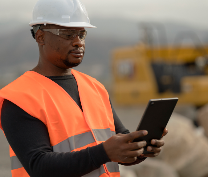 A Heavy Equipment Field Technician wearing a hard hat, safety glasses, and high-visibility jacket looks at the computer tablet in his hands.